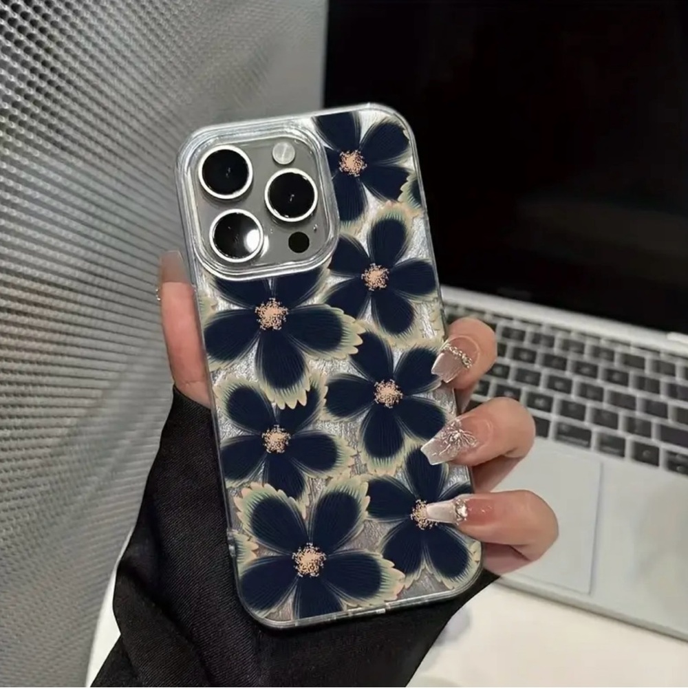 Clear Floral Phone Case with Dark Blue Flower Design